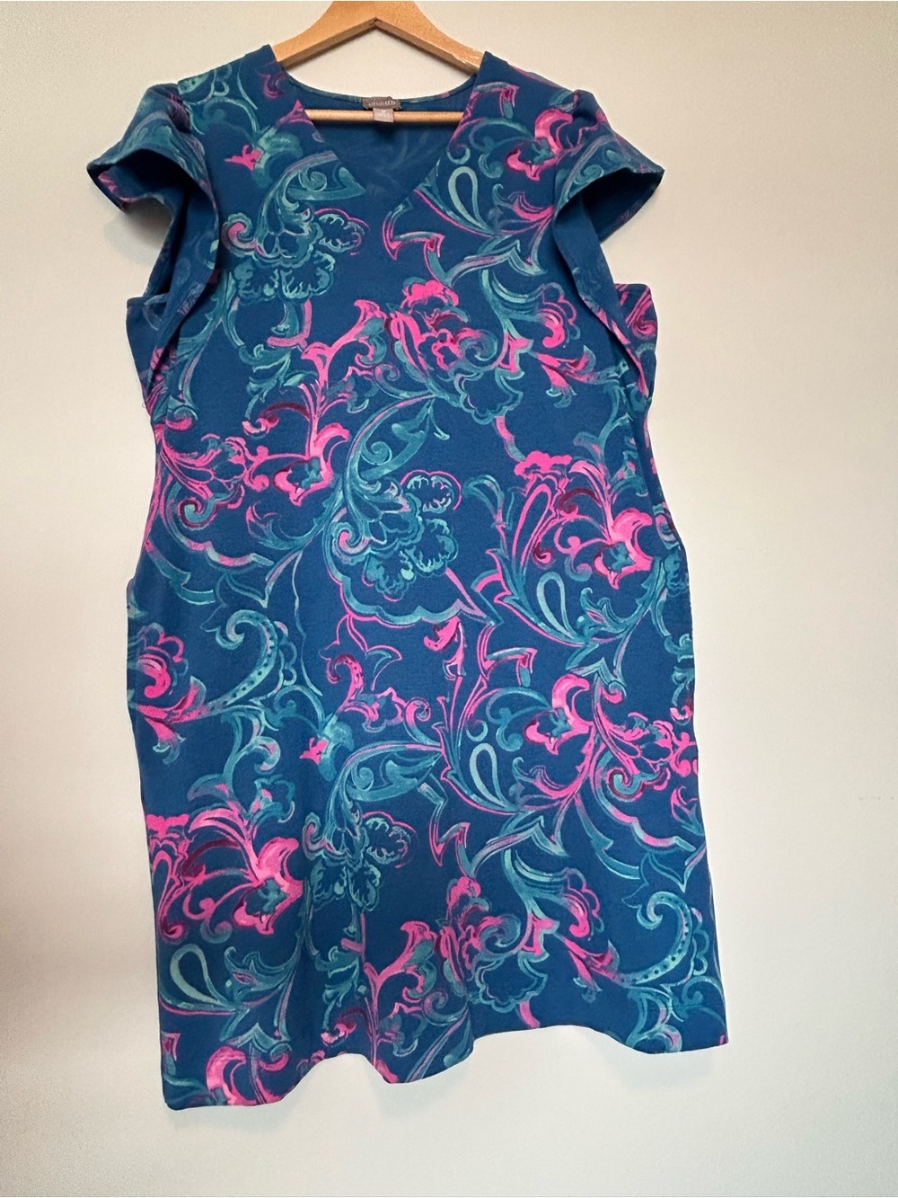Chico's Teal and Pink V-Neck Printed Sheath Dress - Picture 2 of 11